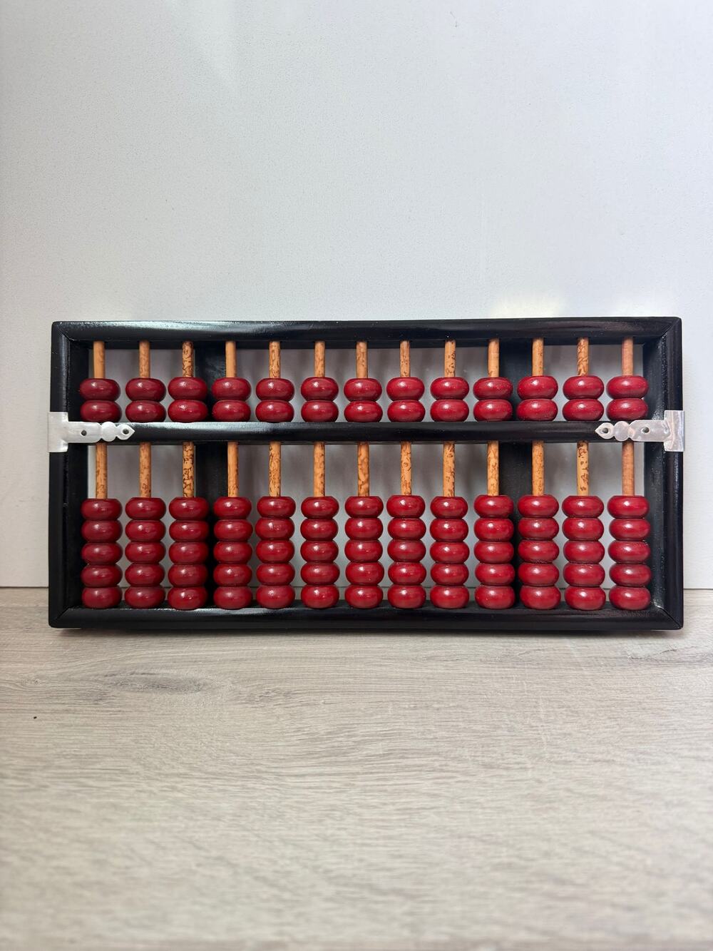 Vintage Chinese suanpan abacus Lotus Flower Brand dark wood frame and red beads